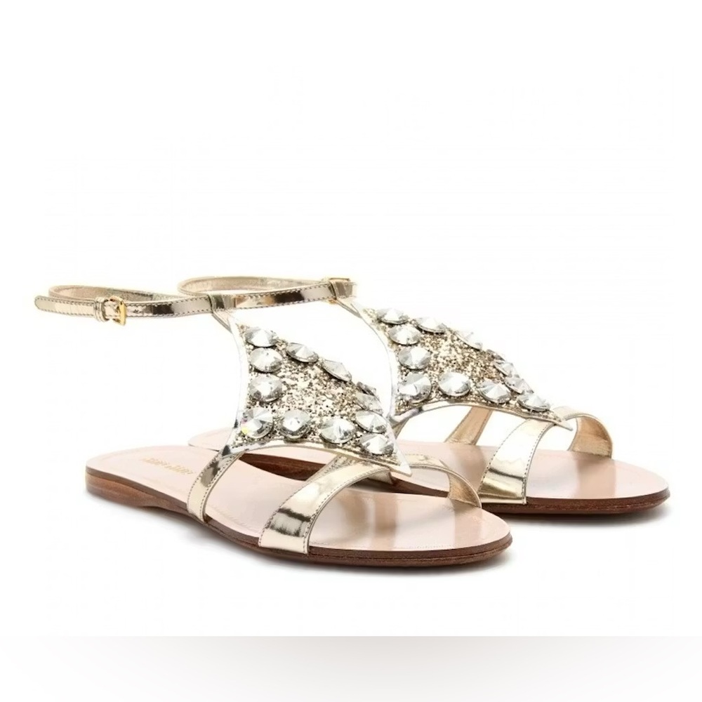 Miu Miu crystal-embellished gold-tone leather and glitter flat sandal